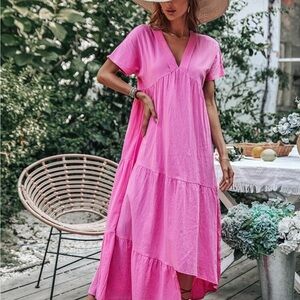 SHEIN Pink V-Neck High-Low Tiered Midi Dress